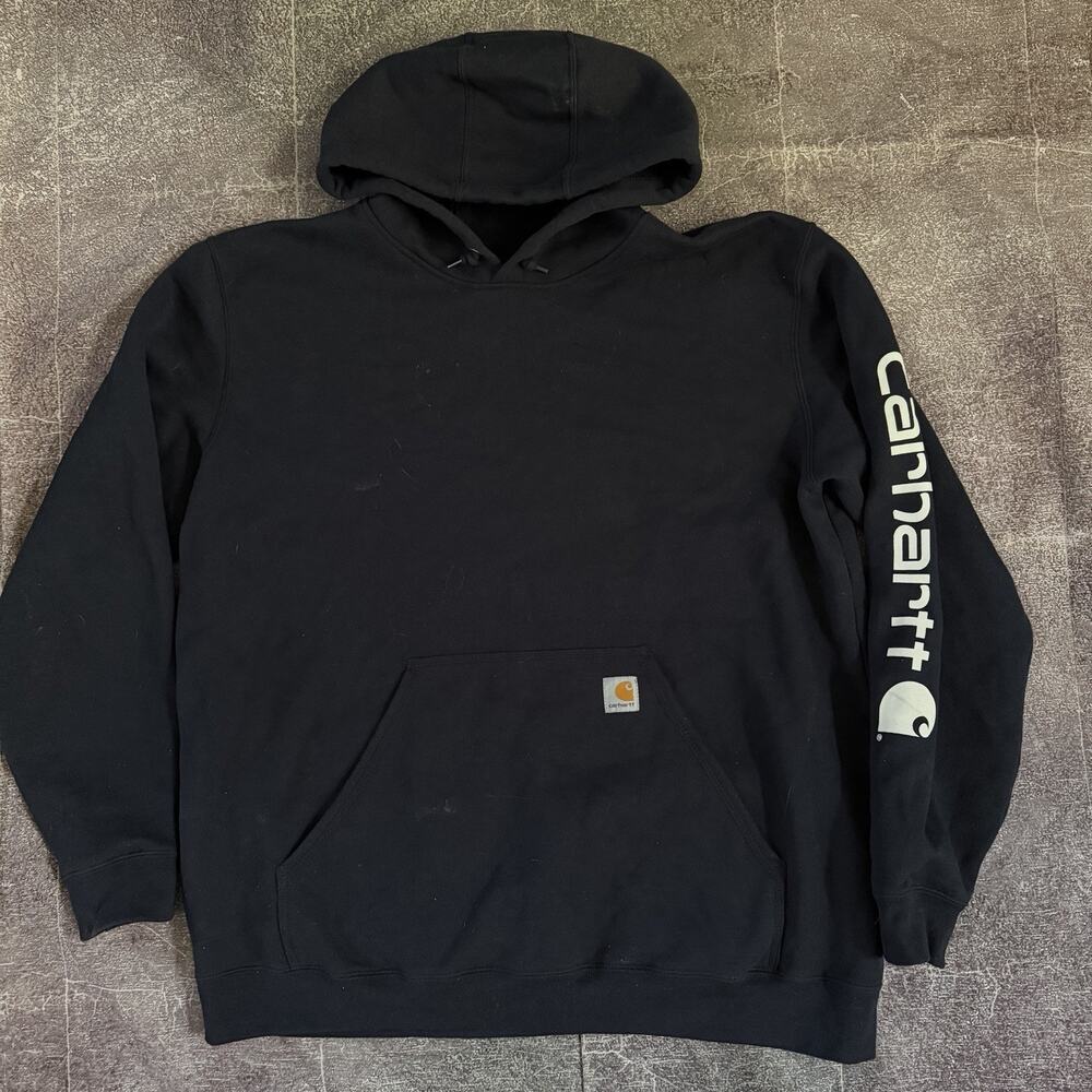 Men's Carhartt K288 Midweight Navy Blue Logo Sleeve Work Hoodie Sweatshirt Sz XL
